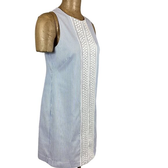 London Times Seersucker & Crochet Lace 60s/70s Shift Dress Sz 6 Blue/White 250C - Picture 2 of 11